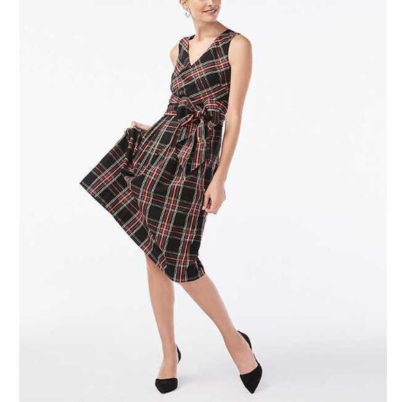 J.CREW Dresses & Skirts - NWT J.Crew Stewart Tartan Plaid V-Neck Wrap Dress Black Sz 4 Fit & Flare Holiday